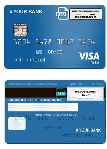 bright blue universal multipurpose bank card template in PSD format, fully editable