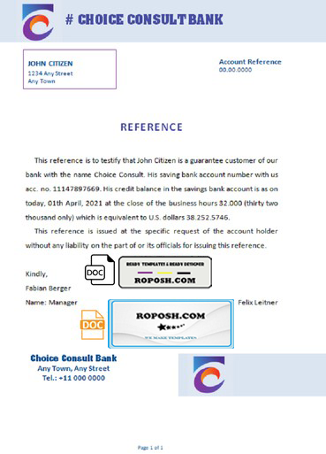 choice consult bank universal multipurpose bank account reference template in Word and PDF format