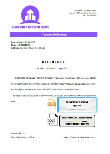 instant growth bank universal multipurpose bank account reference template in Word and PDF format