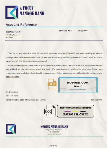 focus manage bank universal multipurpose bank account reference template in Word and PDF format scan effect