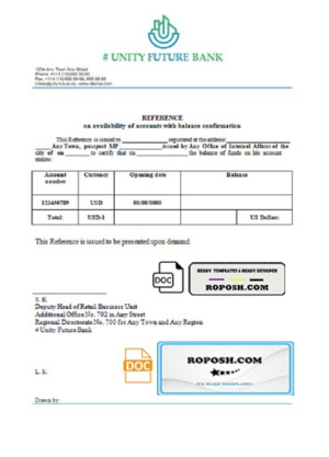 unity future bank universal multipurpose bank account reference template in Word and PDF format