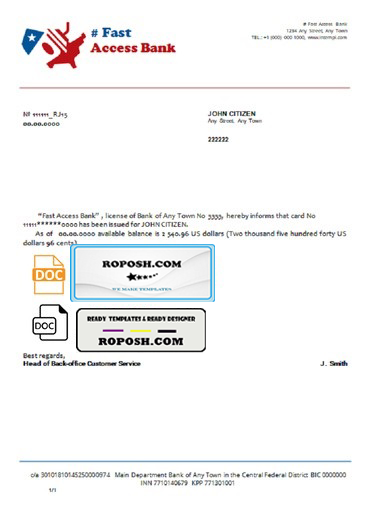fast access bank universal multipurpose bank account reference template in Word and PDF format