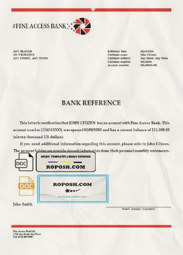 fine access bank universal multipurpose bank account reference template in Word and PDF format scan effect