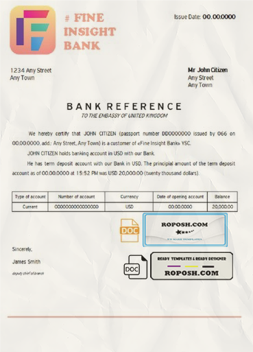fine insight bank universal multipurpose bank account reference template in Word and PDF format scan effect