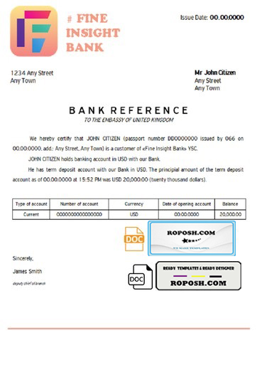 fine insight bank universal multipurpose bank account reference template in Word and PDF format
