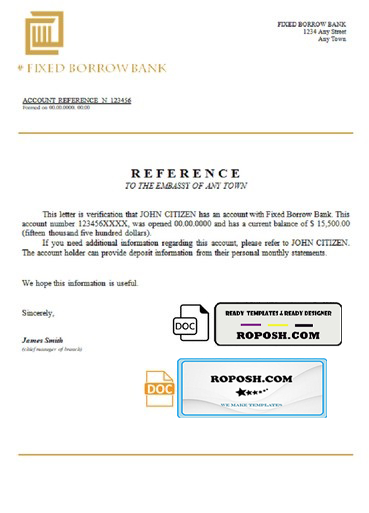fixed borrow bank universal multipurpose bank account reference template in Word and PDF format