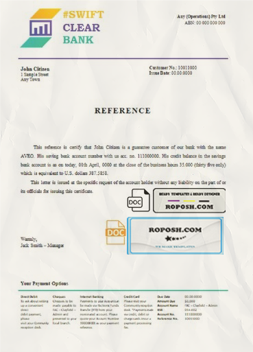 swift clear bank universal multipurpose bank account reference template in Word and PDF format scan effect