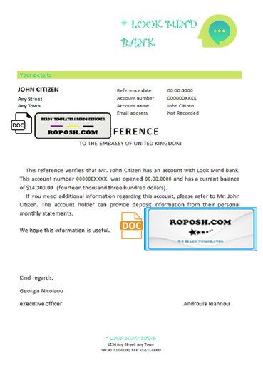 look mind bank template of bank reference letter, Word and PDF format (.doc and .pdf)
