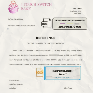 touch switch bank template of bank reference letter, Word and PDF format (.doc and .pdf) scan effect