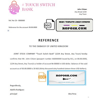 touch switch bank template of bank reference letter, Word and PDF format (.doc and .pdf)
