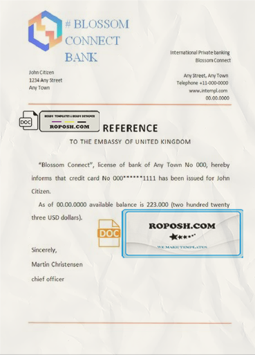 blossom connect bank template of bank reference letter, Word and PDF format (.doc and .pdf) scan effect