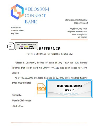 blossom connect bank template of bank reference letter, Word and PDF format (.doc and .pdf)