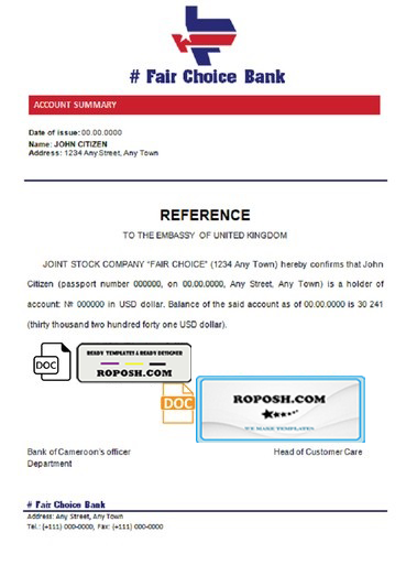 fair choice bank universal multipurpose bank account reference template in Word and PDF format