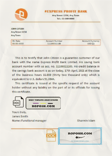 express profit bank universal multipurpose bank account reference template in Word and PDF format scan effect