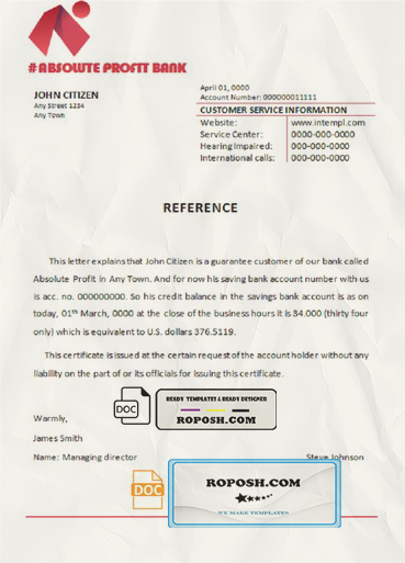 absolute profit bank universal multipurpose bank account reference template in Word and PDF format scan effect