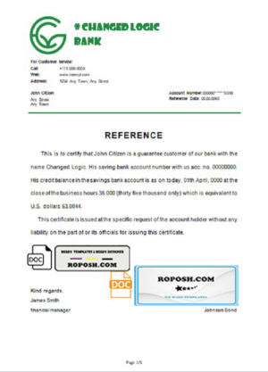 changed logic bank universal multipurpose bank account reference template in Word and PDF format