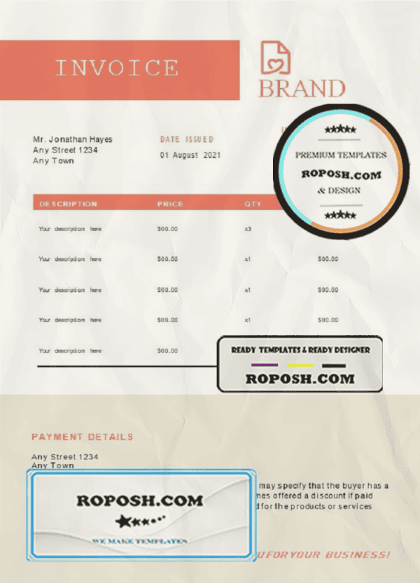 basic bright universal multipurpose invoice template in Word and PDF format, fully editable