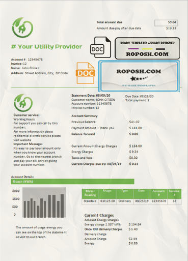 energy quota universal multipurpose utility bill template in Word format scan effect