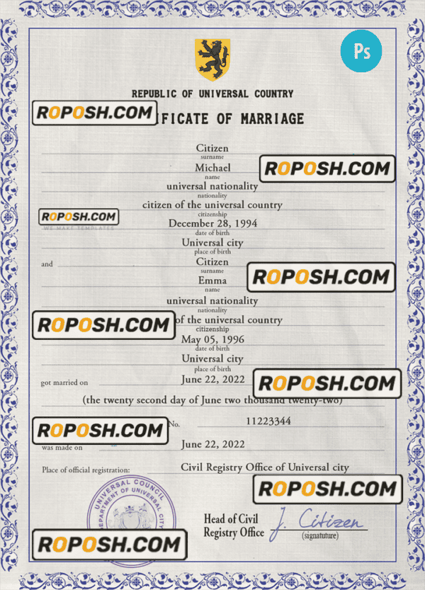 acute project universal marriage certificate PSD template, completely editable