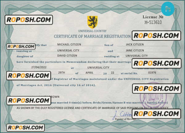 affection universal marriage certificate PSD template, completely editable