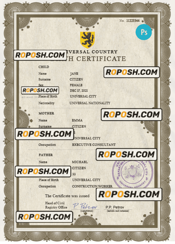 allied universal birth certificate PSD template, fully editable