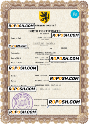 ammo universal birth certificate PSD template, completely editable
