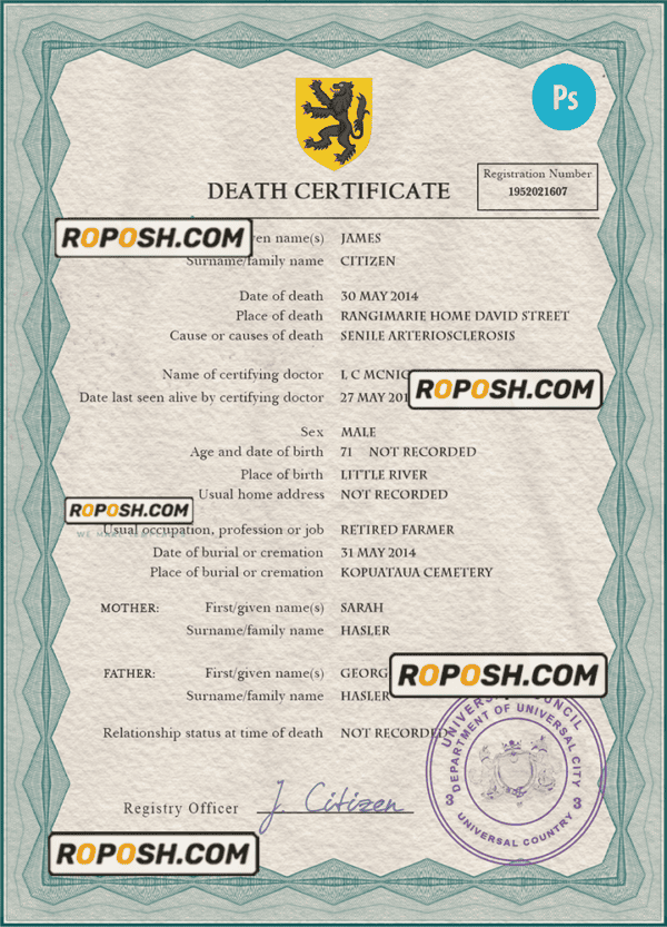 apex vital record death certificate universal PSD template