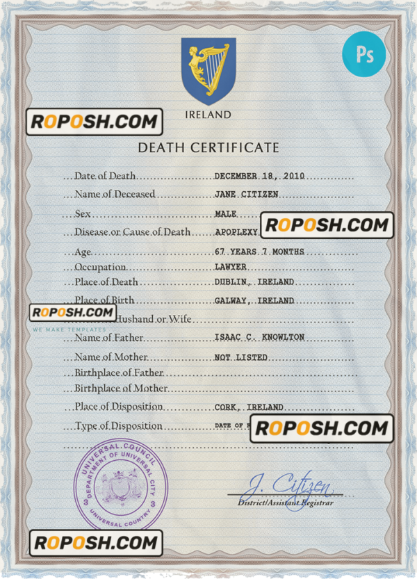 arms vision vital record death certificate universal PSD template scan effect