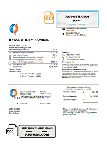 energy skill universal multipurpose utility bill template in Word format