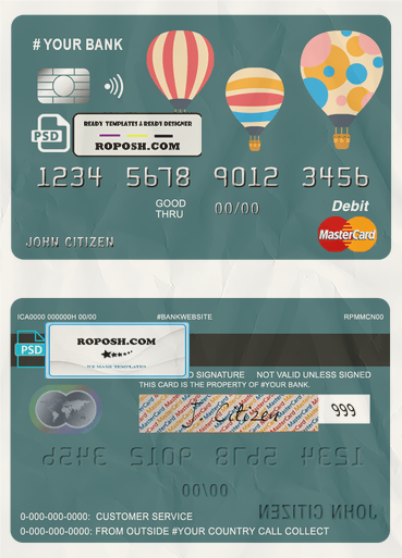 baloon bio universal multipurpose bank mastercard debit credit card template in PSD format, fully editable scan effect