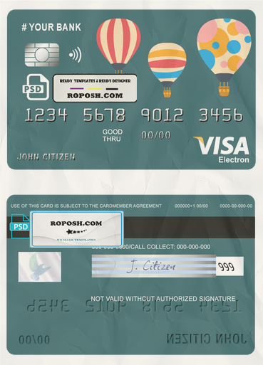 baloon bio universal multipurpose bank visa electron credit card template in PSD format, fully editable scan effect