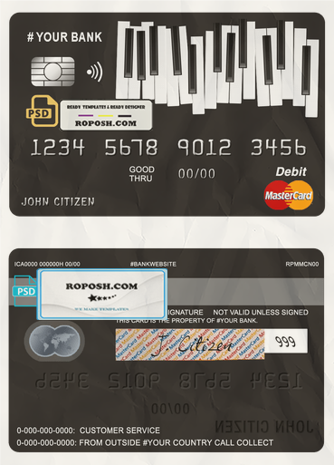 bay piano universal multipurpose bank mastercard debit credit card template in PSD format, fully editable scan effect