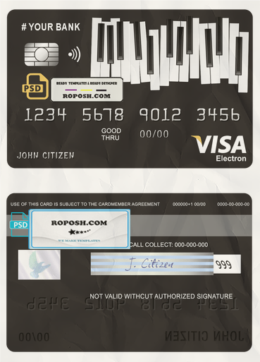 bay piano universal multipurpose bank visa electron credit card template in PSD format, fully editable scan effect