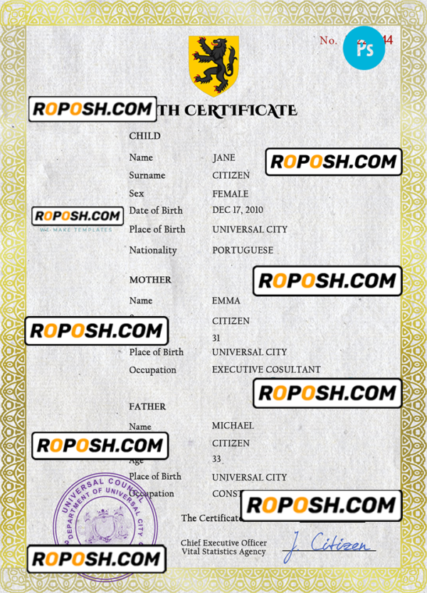 benefits universal birth certificate PSD template, fully editable