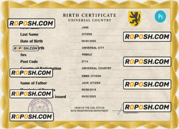 birthverse universal birth certificate PSD template, completely editable