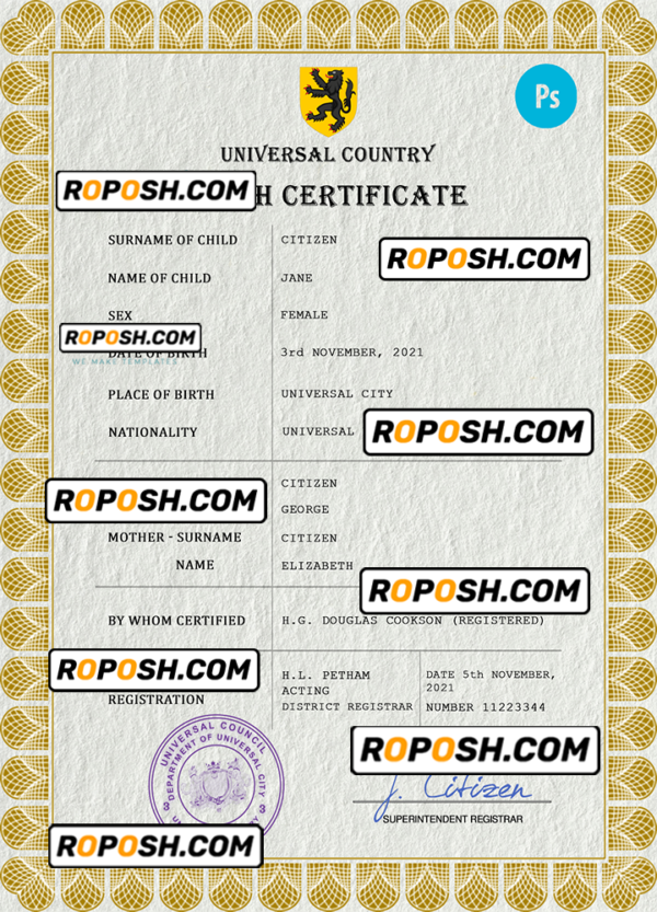blackout universal birth certificate PSD template, completely editable