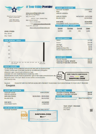 blue safe universal multipurpose utility bill template in Word format scan effect