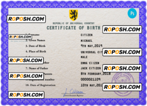 bold universal birth certificate PSD template, completely editable