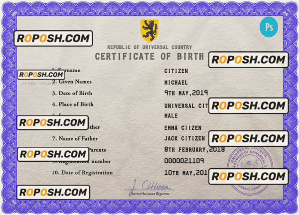 bold universal birth certificate PSD template, completely editable