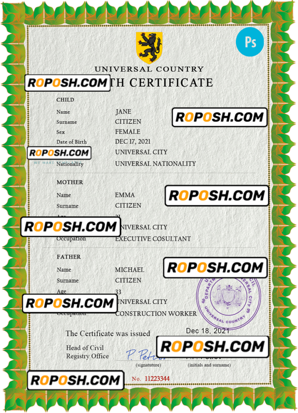 bold universal birth certificate PSD template, fully editable