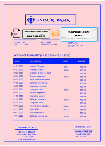 bright blue universal multipurpose bank statement template in Word format