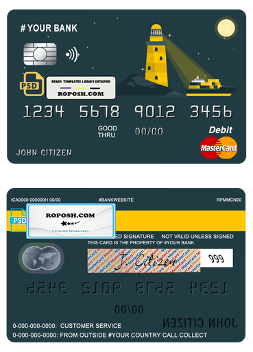 bright lighthouse universal multipurpose bank mastercard debit credit card template in PSD format, fully editable