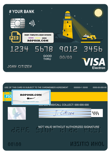 bright lighthouse universal multipurpose bank visa electron credit card template in PSD format, fully editable