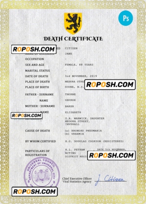 broadcast death universal certificate PSD template, completely editable
