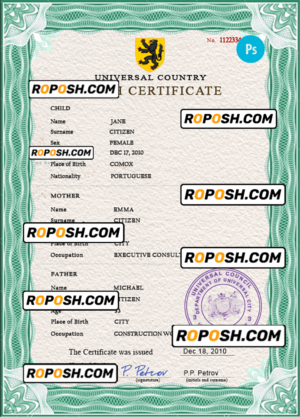 broadcast variety universal birth certificate PSD template, completely editable