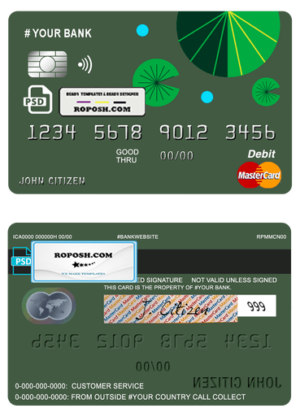 budget green universal multipurpose bank mastercard debit credit card template in PSD format, fully editable