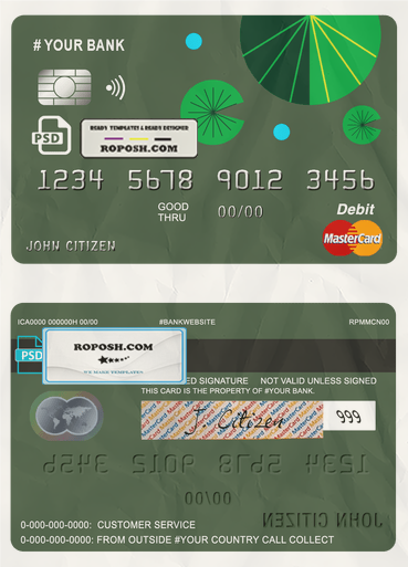 budget green universal multipurpose bank mastercard debit credit card template in PSD format, fully editable scan effect