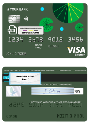 budget green universal multipurpose bank visa electron credit card template in PSD format, fully editable