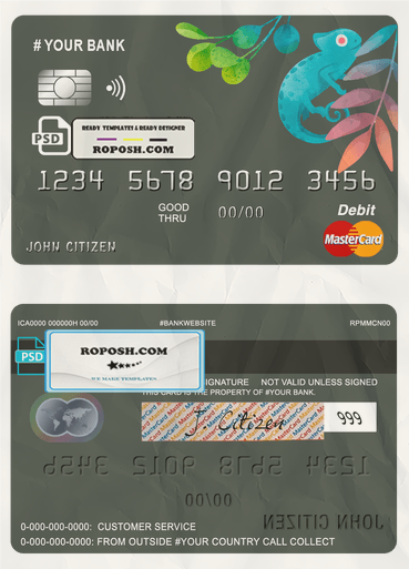 bueno tropical universal multipurpose bank mastercard debit credit card template in PSD format, fully editable scan effect