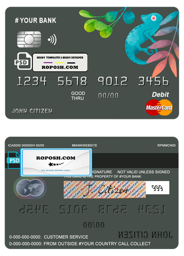 bueno tropical universal multipurpose bank mastercard debit credit card template in PSD format, fully editable